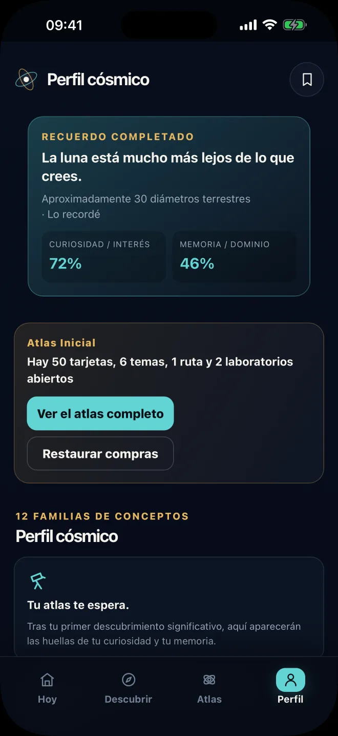 Pantalla de perfil de Atlas del Espacio con evidencias de curiosidad y recuerdo