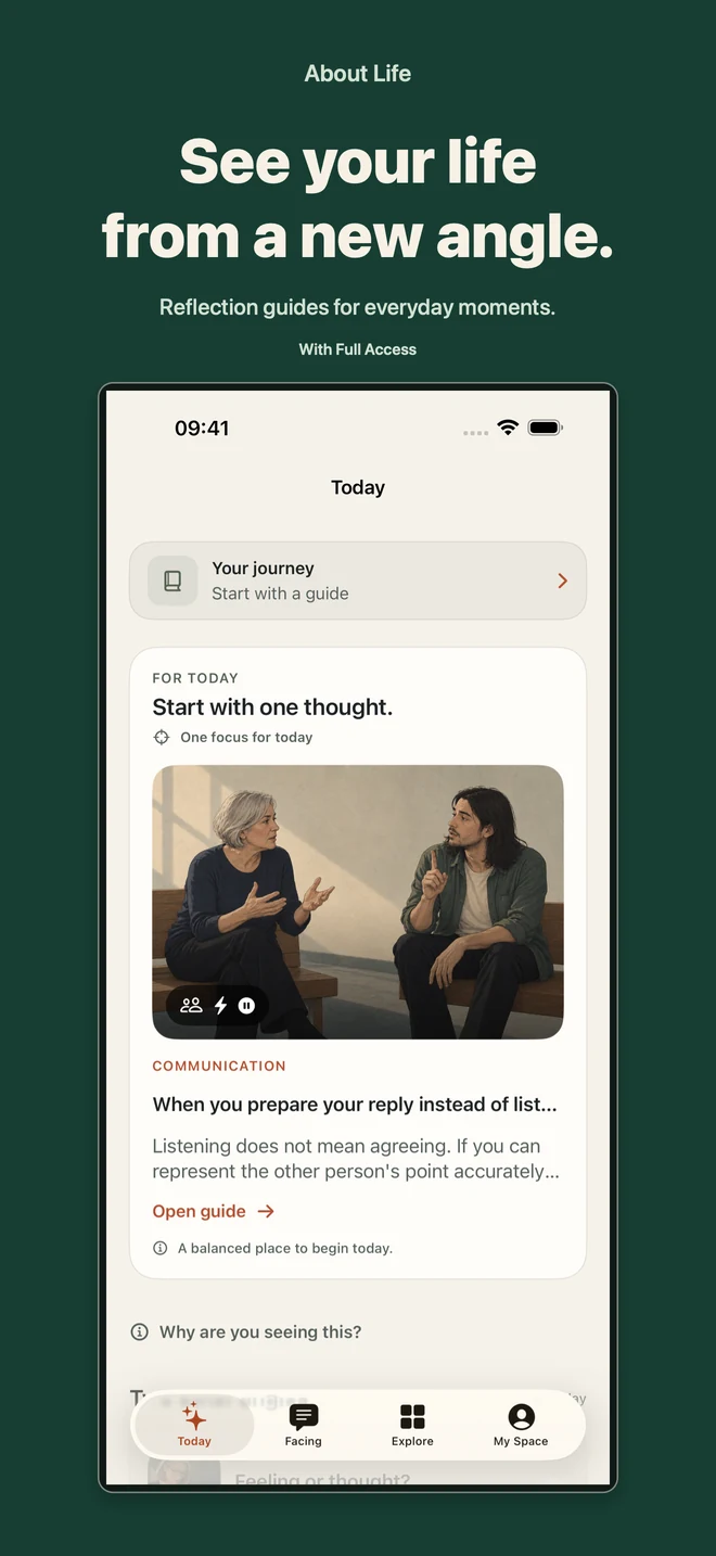 About Life: Today screen with a guide to listening and communication. With Full Access.