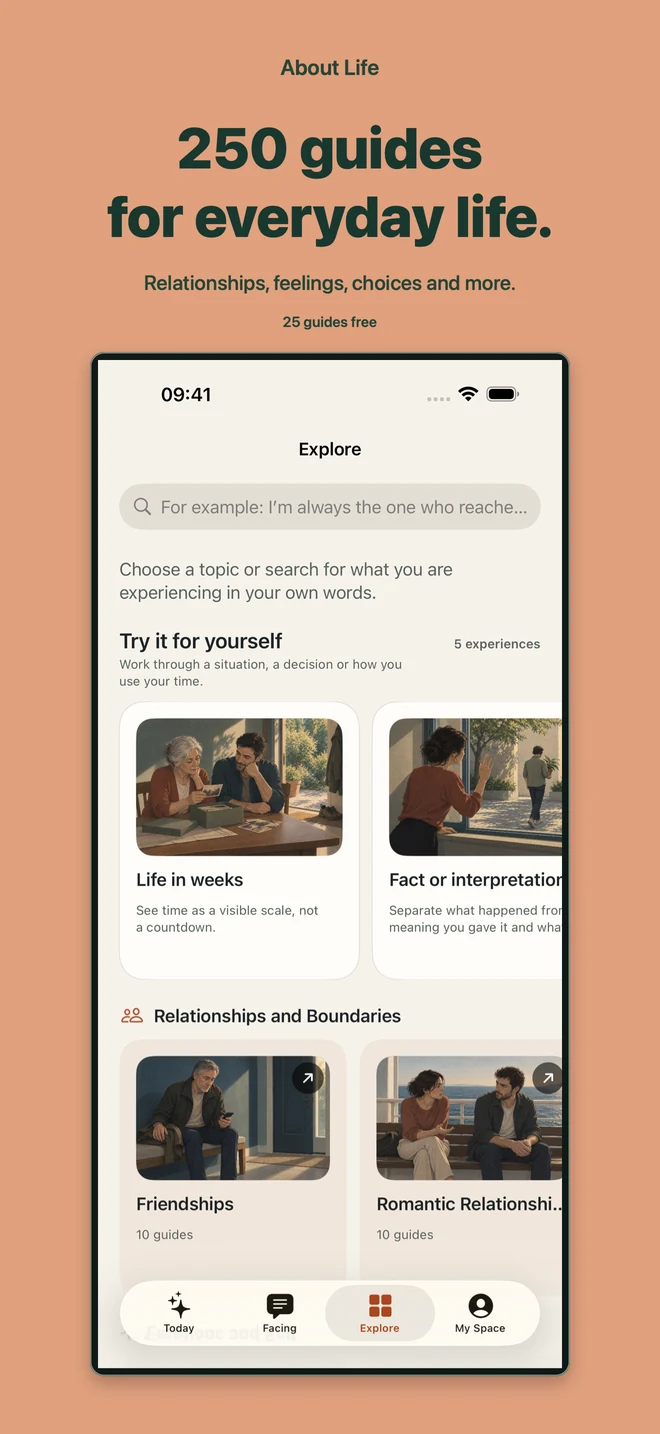 About Life: Explore screen with life areas and practical exercises. 25 guides free.