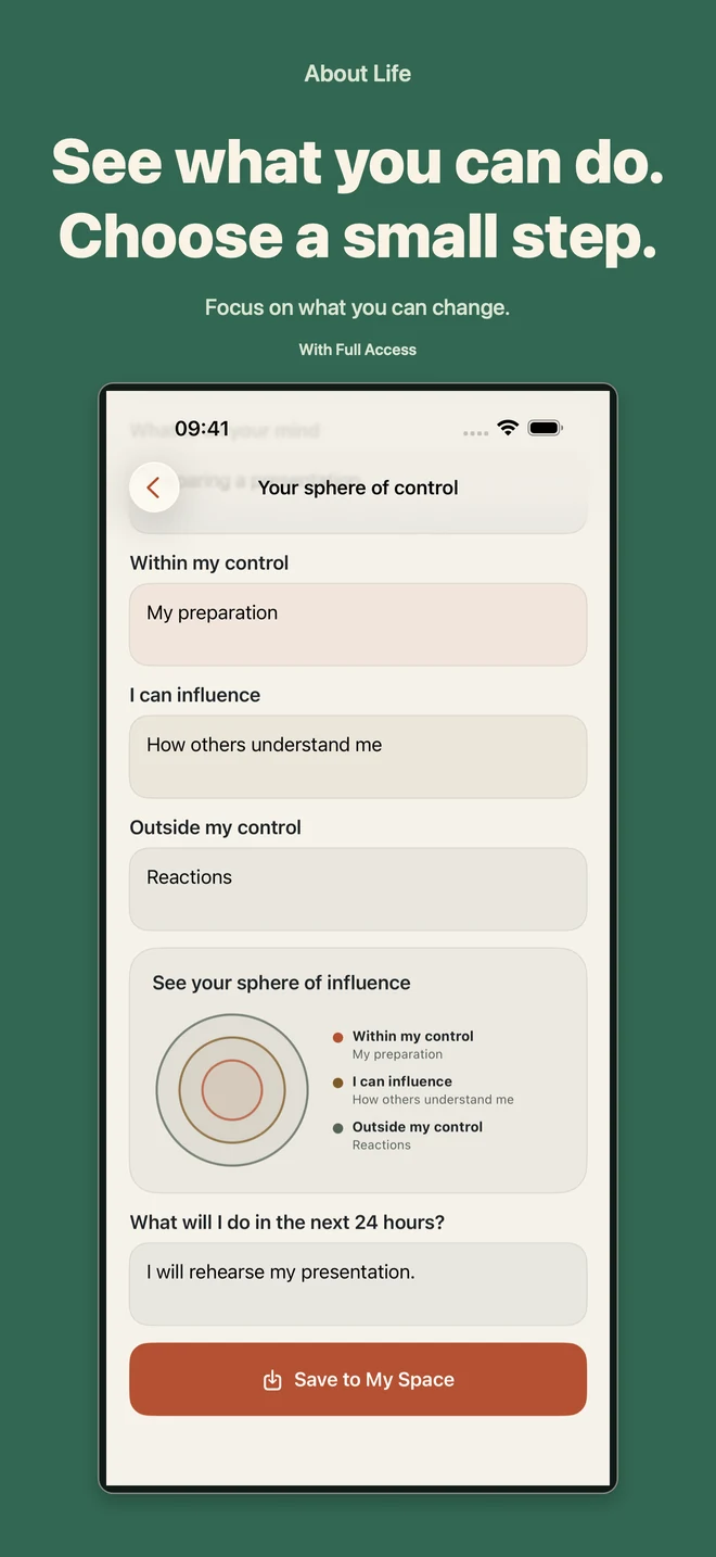 About Life: Circle of influence exercise with what can be changed and a small next step. With Full Access.