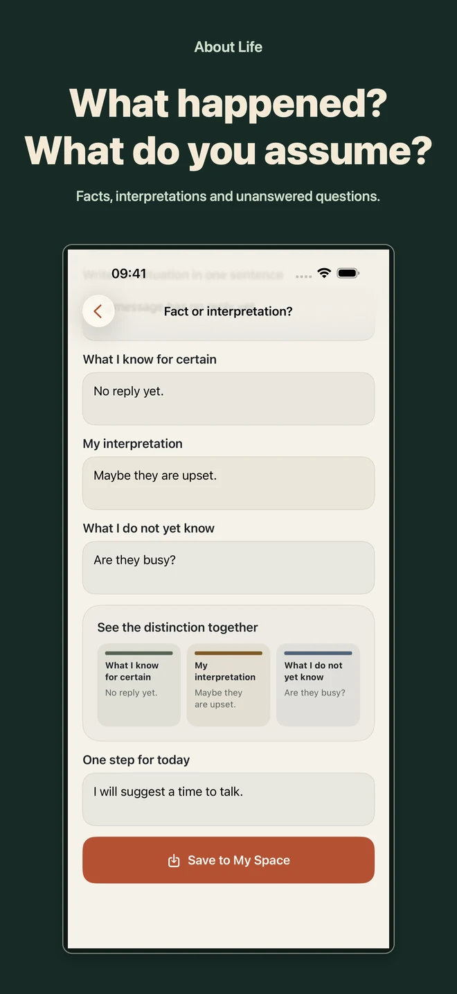 About Life: Fact or interpretation exercise with separate fields for facts, interpretations and unknowns.