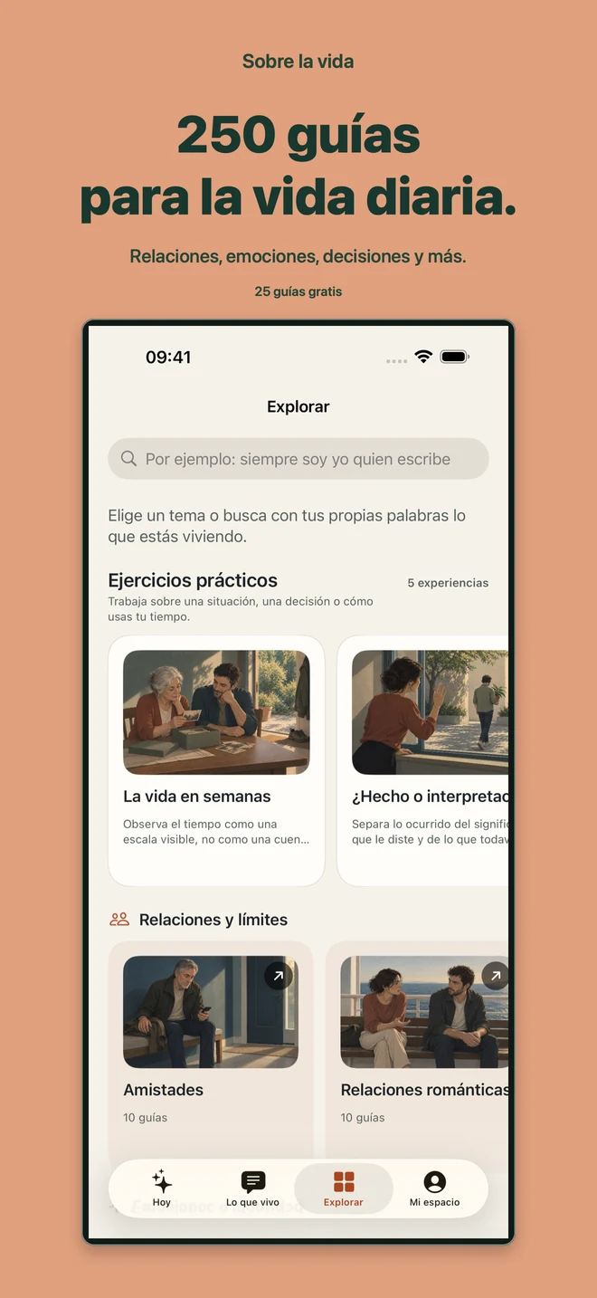 Sobre la vida: Pantalla Explorar con áreas de la vida y ejercicios prácticos. 25 guías gratis.