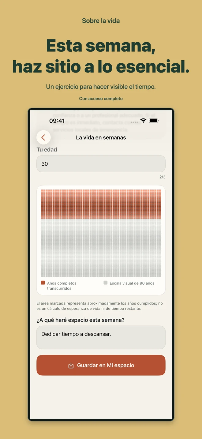 Sobre la vida: Ejercicio de las semanas de la vida con un mapa visual del tiempo. Con acceso completo.