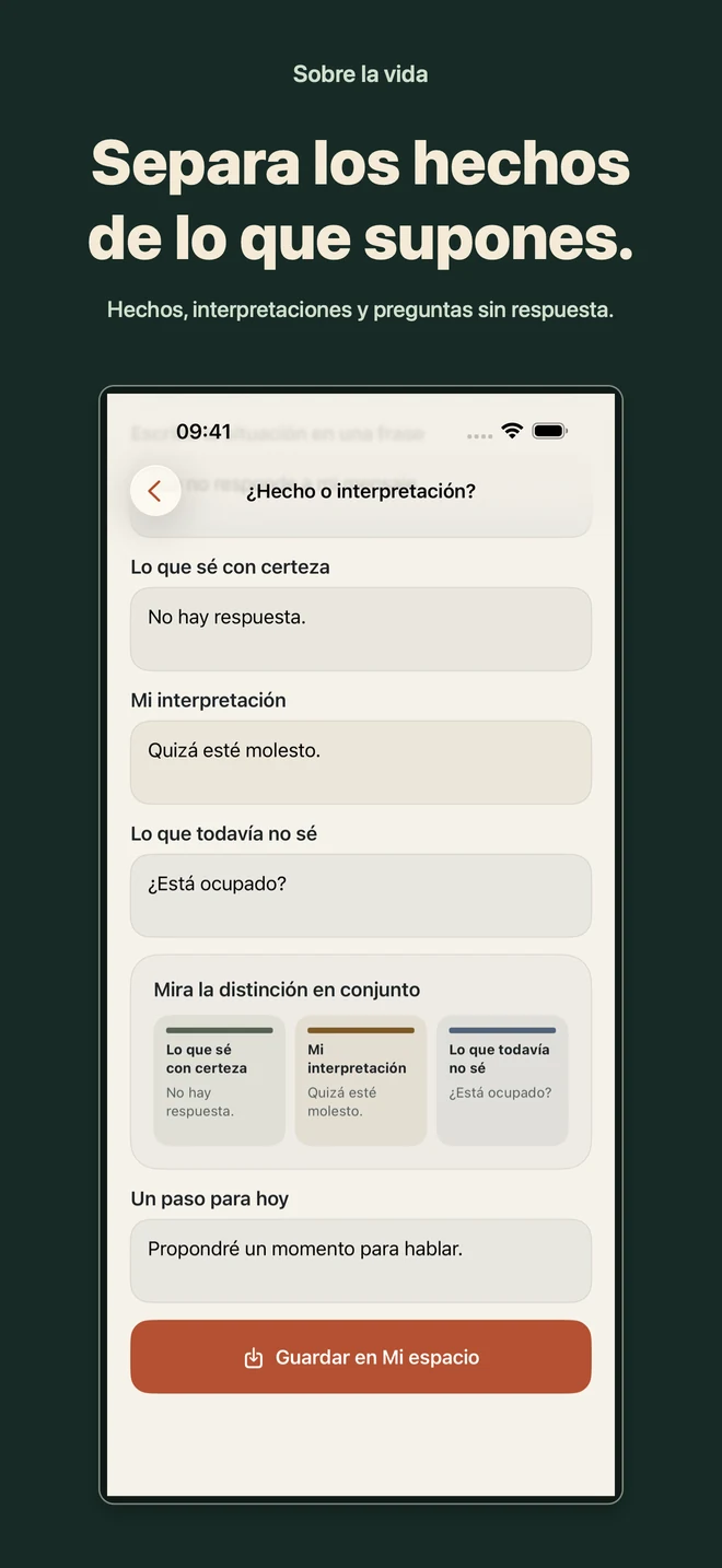 Sobre la vida: Ejercicio de hechos e interpretaciones con campos separados para lo ocurrido, las suposiciones y lo desconocido.