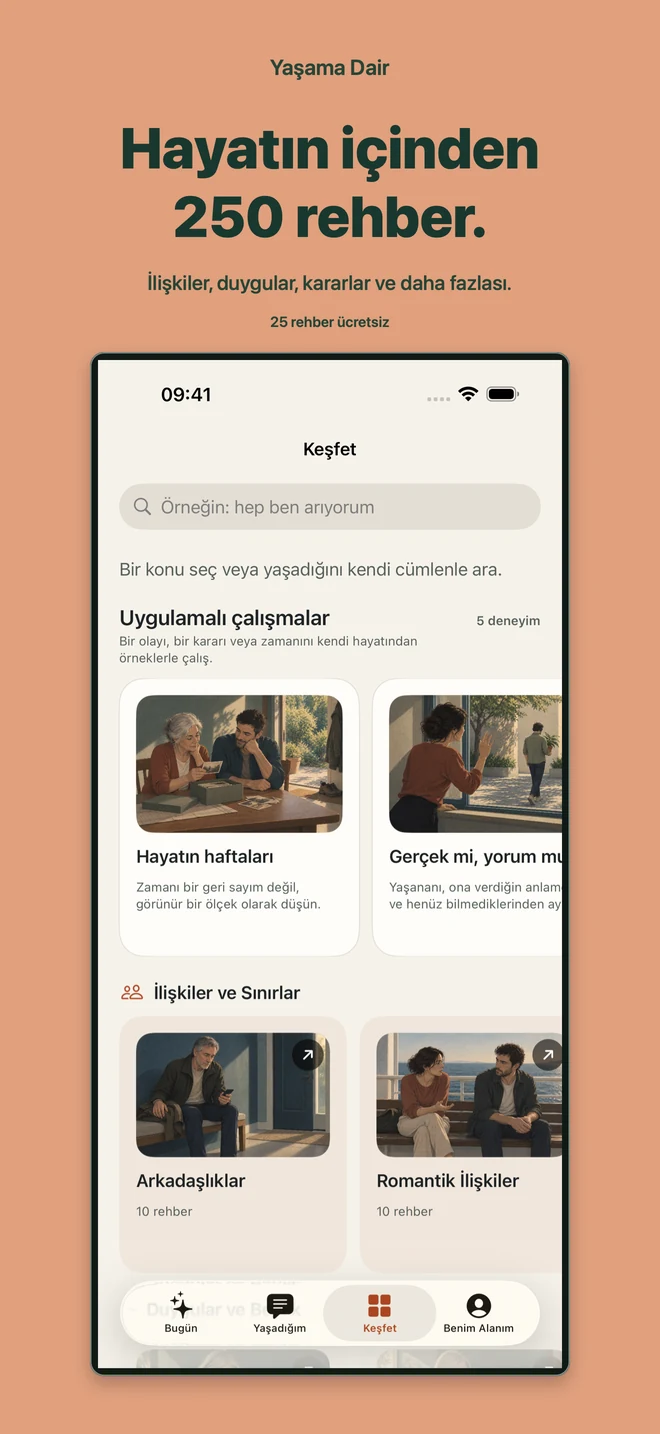 Yaşama Dair: Keşfet ekranında yaşam alanları ve uygulamalı çalışmalar. 25 rehber ücretsiz.