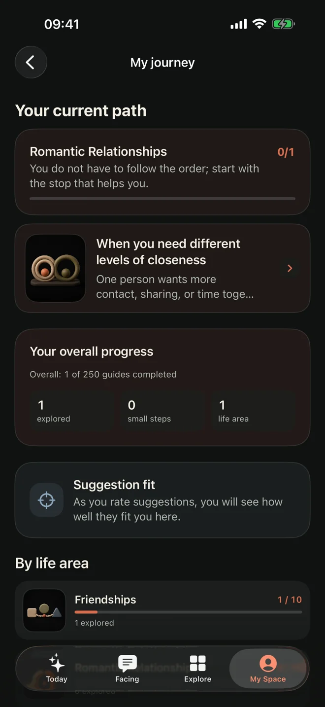 Your journey and small steps — actual English app screen in dark mode