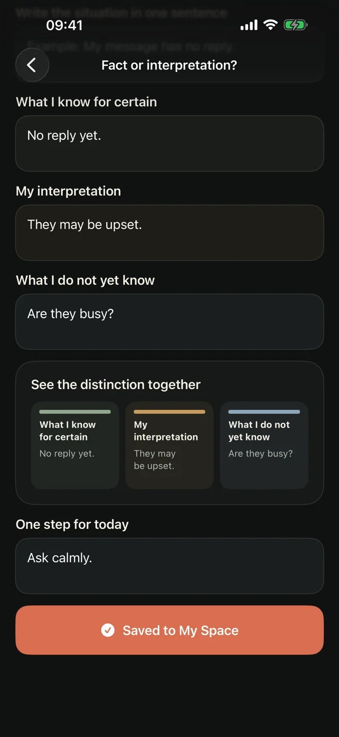 Separate facts from interpretation — actual English app screen in dark mode