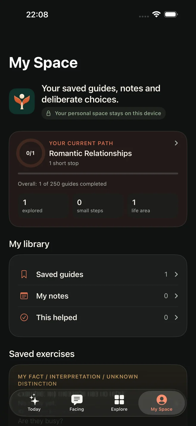 Your personal space — actual English app screen in dark mode