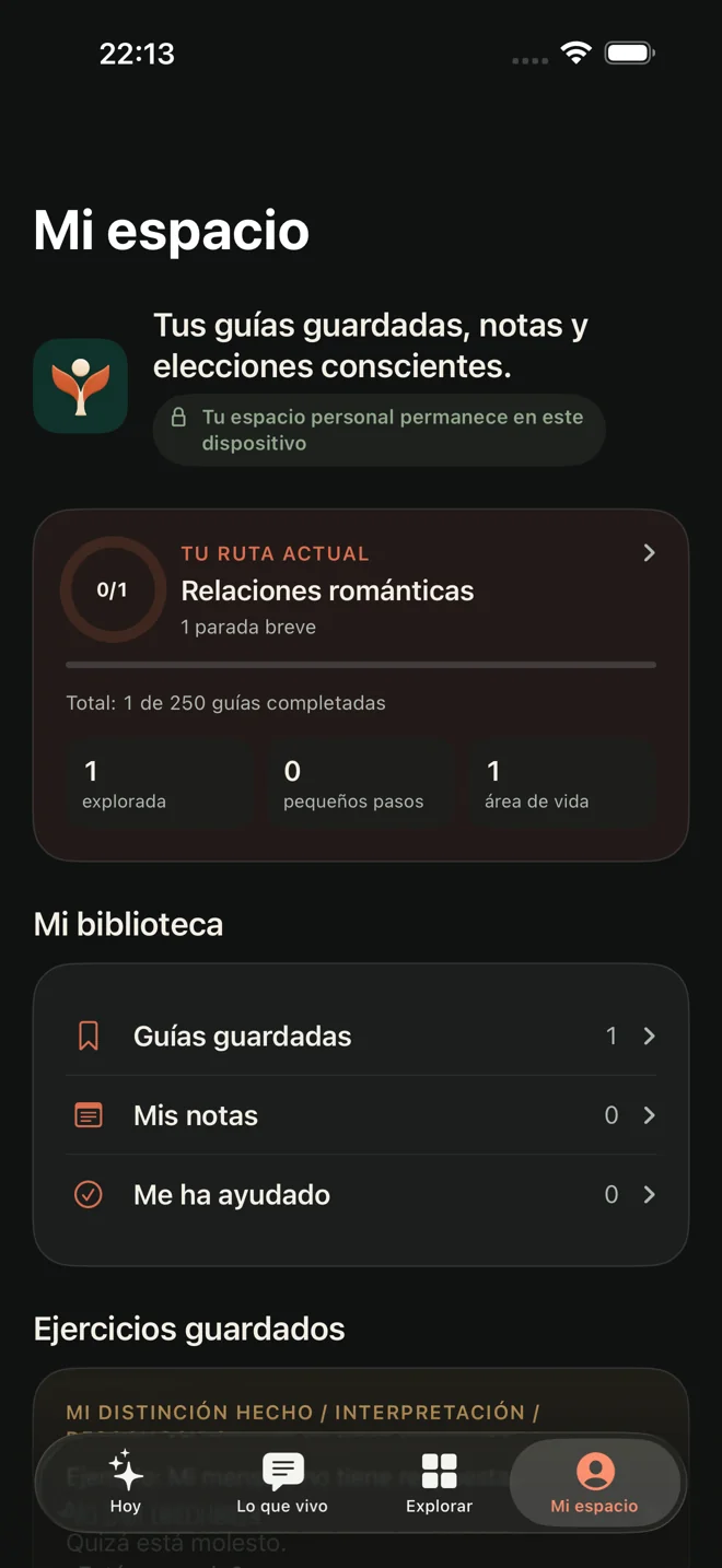 Tu espacio personal — pantalla real de la app en español, modo oscuro