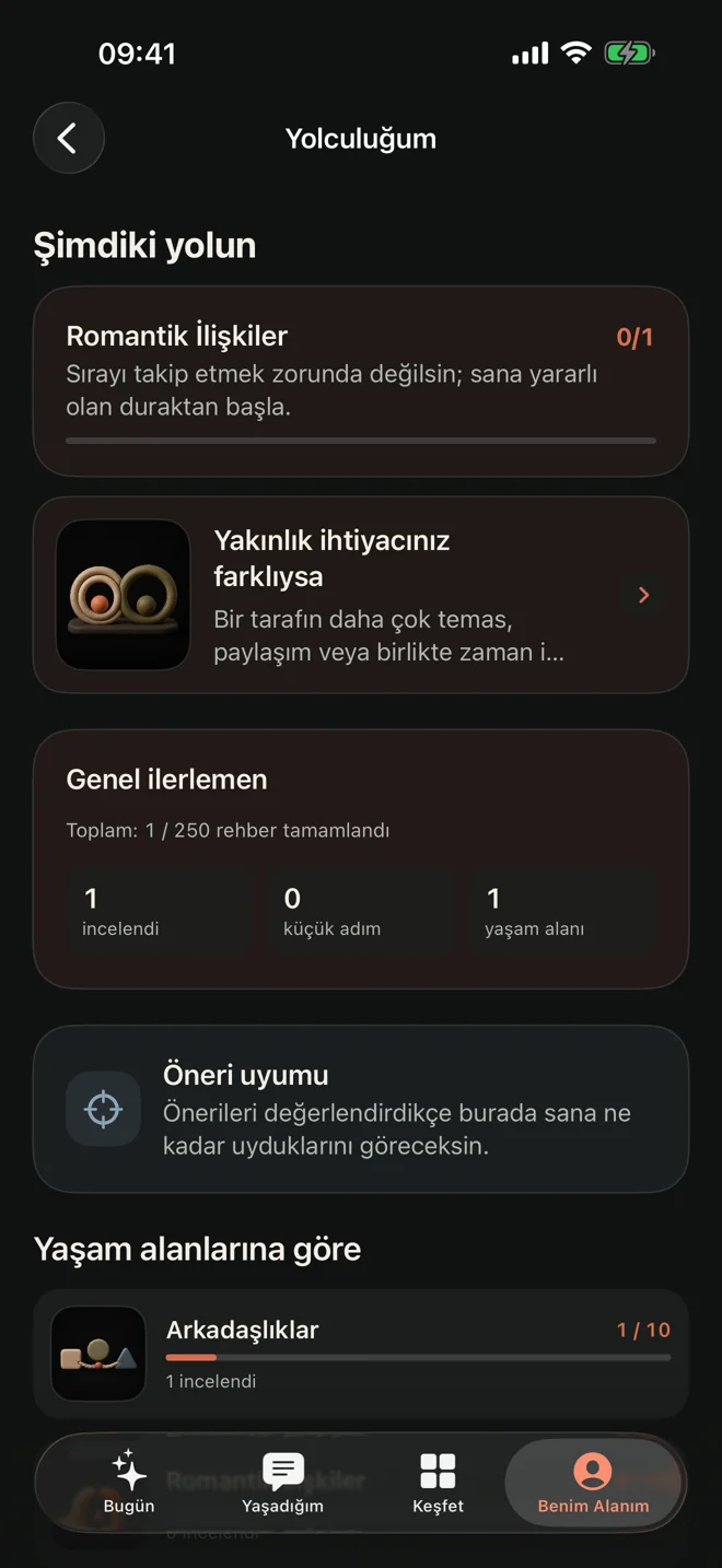 Yolculuğun ve küçük adımların — gerçek Türkçe uygulama ekranı, koyu görünüm
