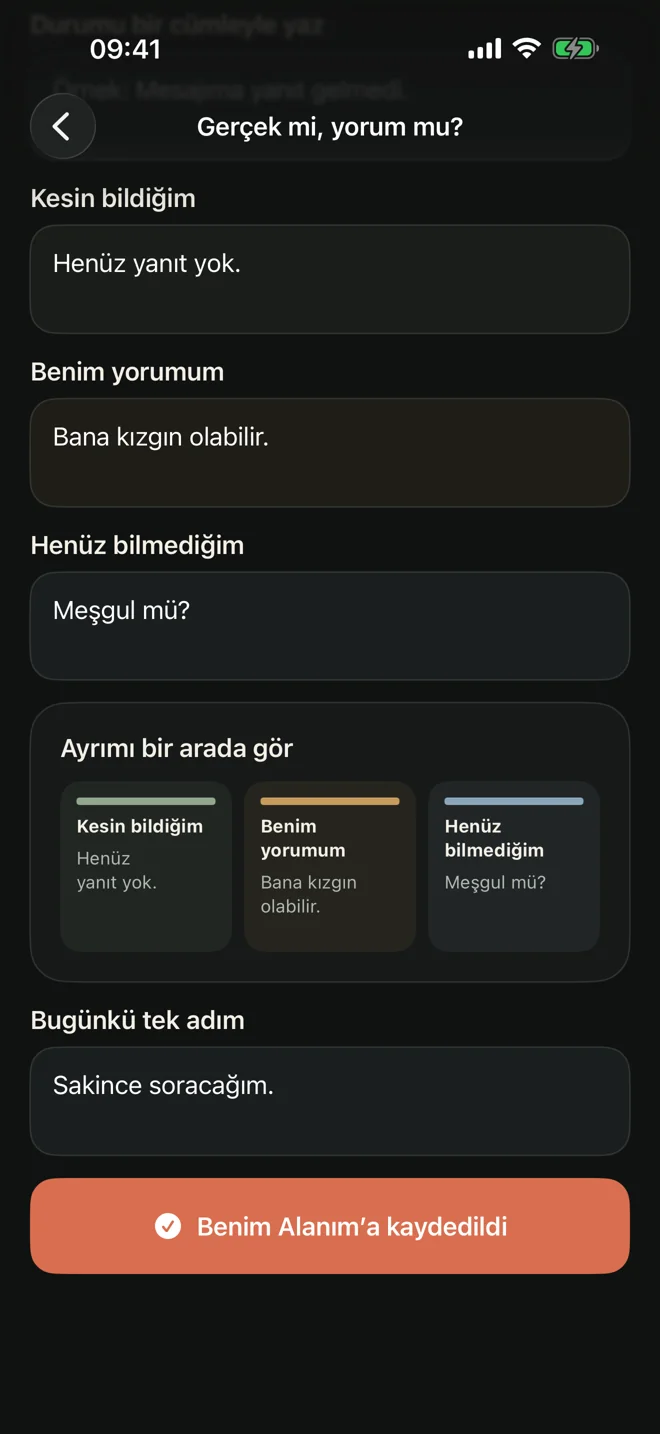 Gerçek ile yorumunu ayır — gerçek Türkçe uygulama ekranı, koyu görünüm