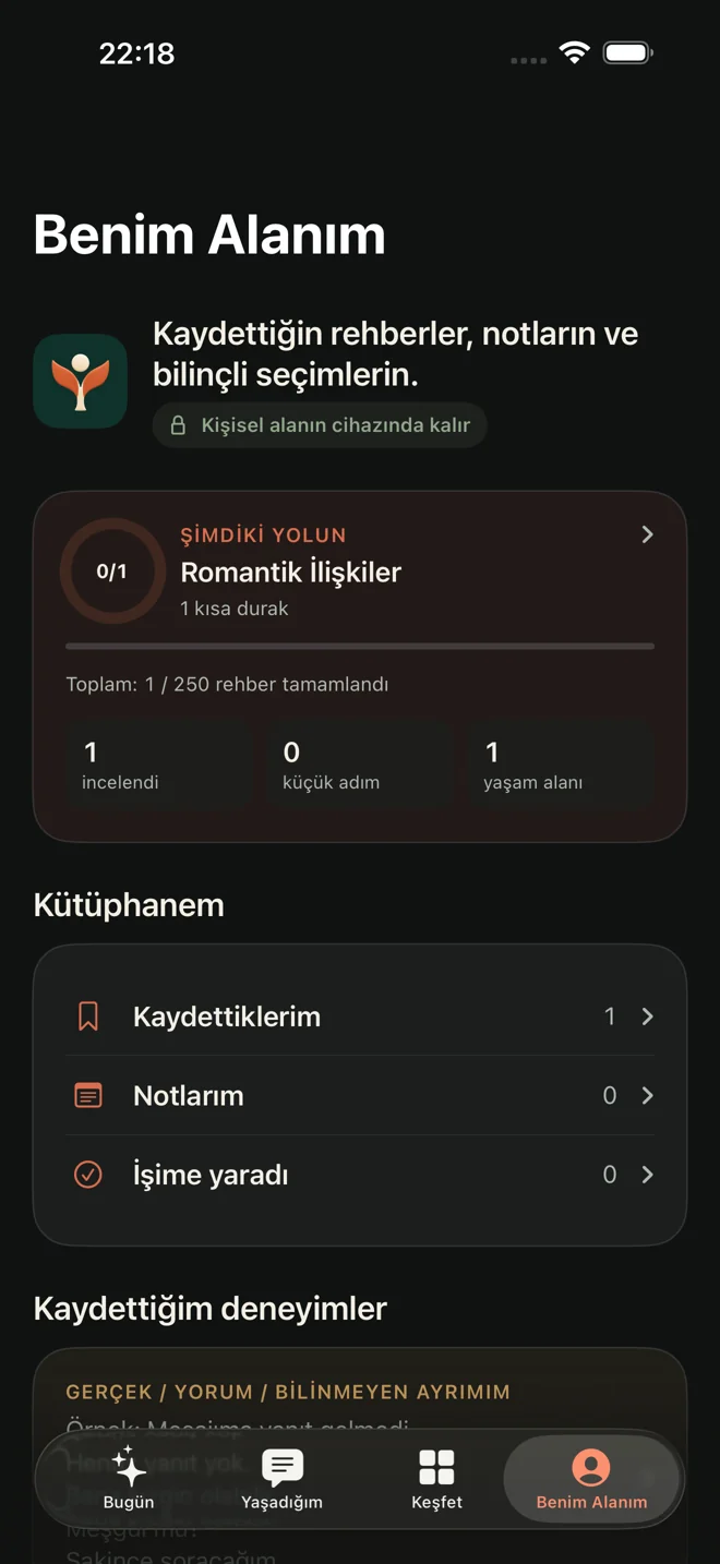 Sana ait kişisel alan — gerçek Türkçe uygulama ekranı, koyu görünüm