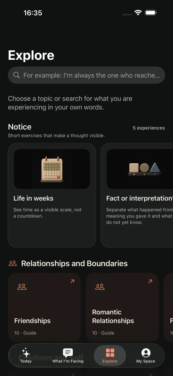 About Life Explore screen with guides across 25 areas of life