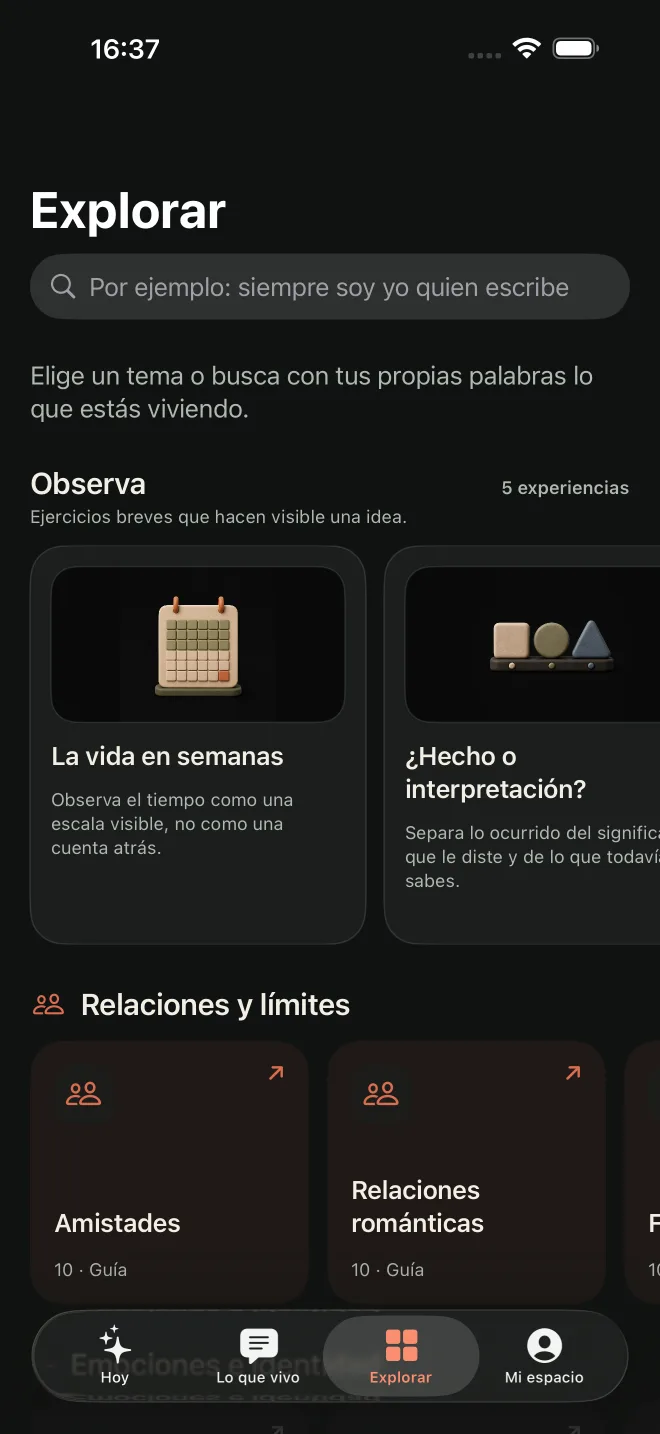 Pantalla Explorar de Sobre la vida con guías para 25 áreas de la vida