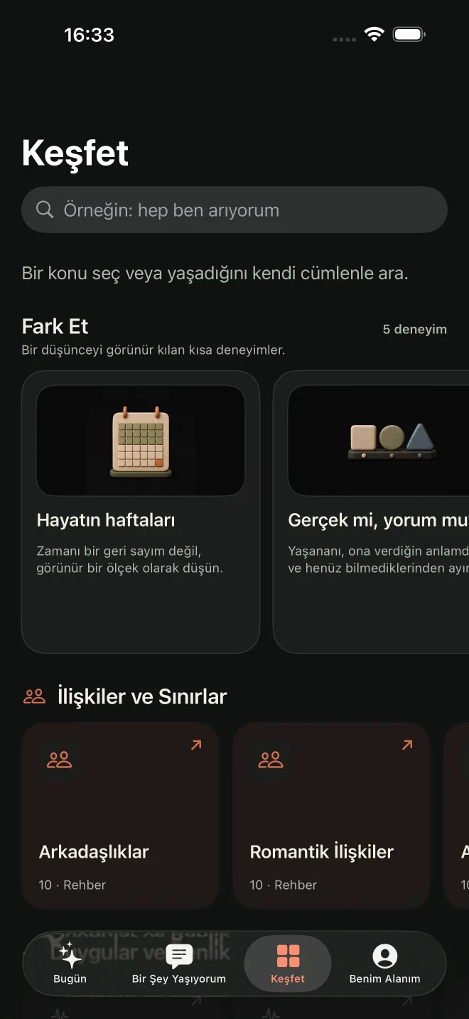 Yaşama Dair keşfet ekranında 25 yaşam alanındaki rehberler